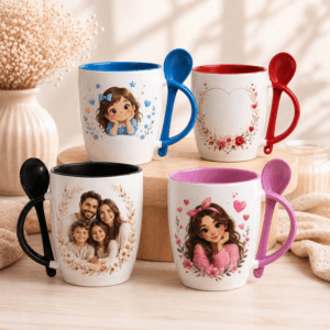 Mug personnalisé avec cuillère intégrée – Photo ou texte